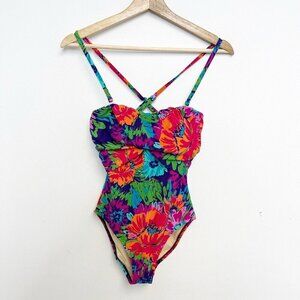 Garnet Hill Ruched Bandeau Floral One-Piece Swimsuit Slimming Sz 2 New